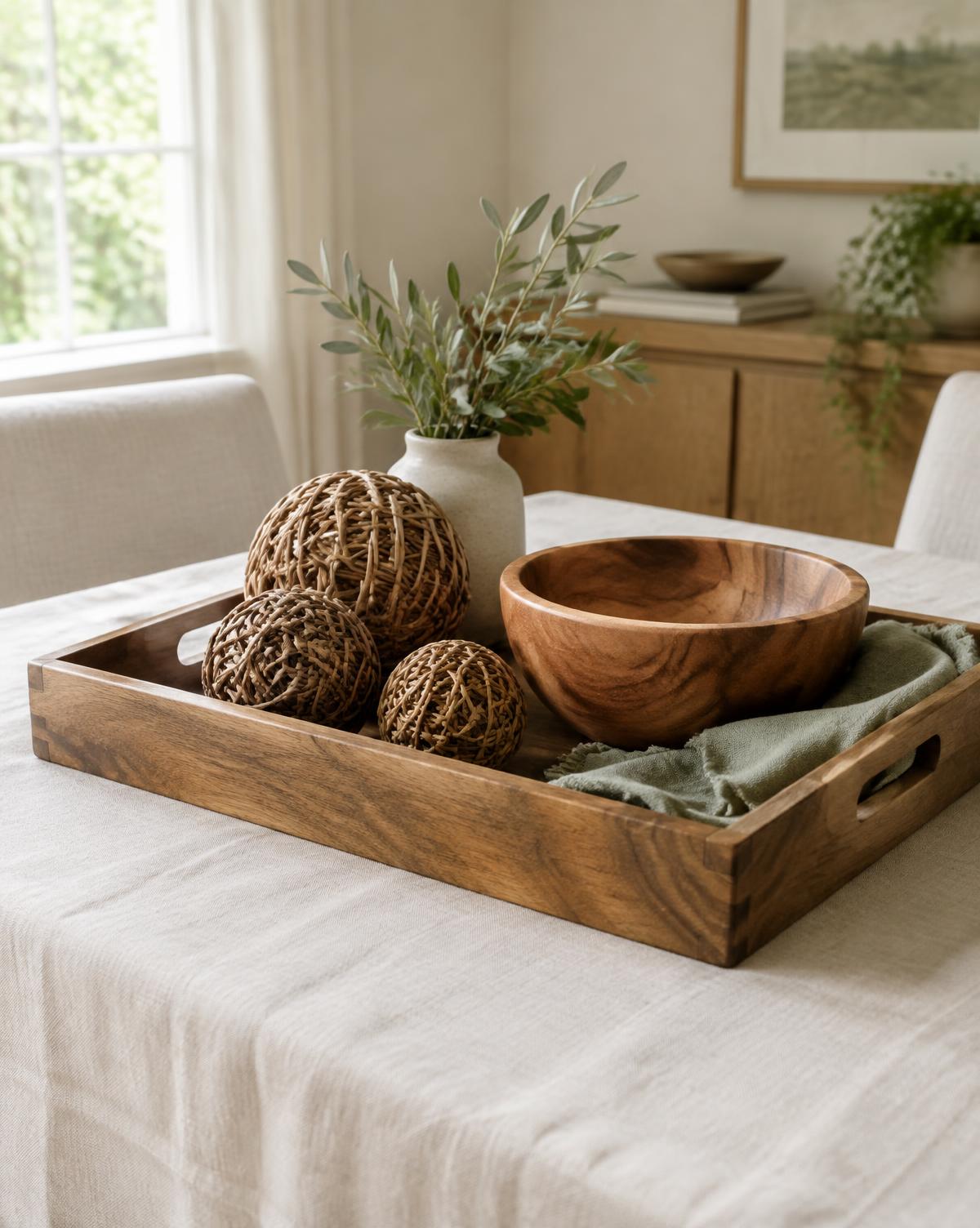 Wooden tray with woven wicker balls and an acacia wood bowl on a linen-covered table