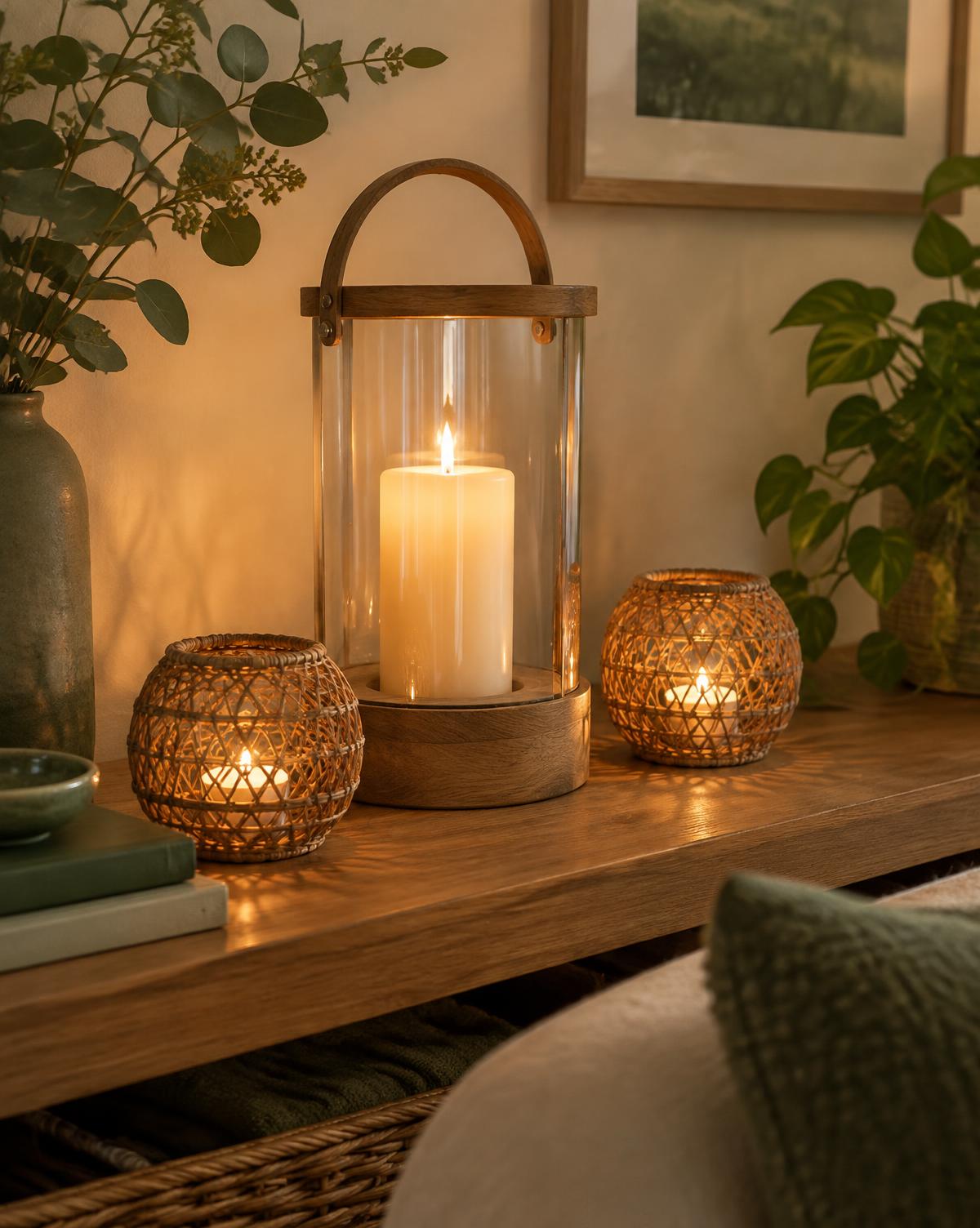 Wood and glass hurricane candle holder with two rattan tealight lanterns on a wooden shelf