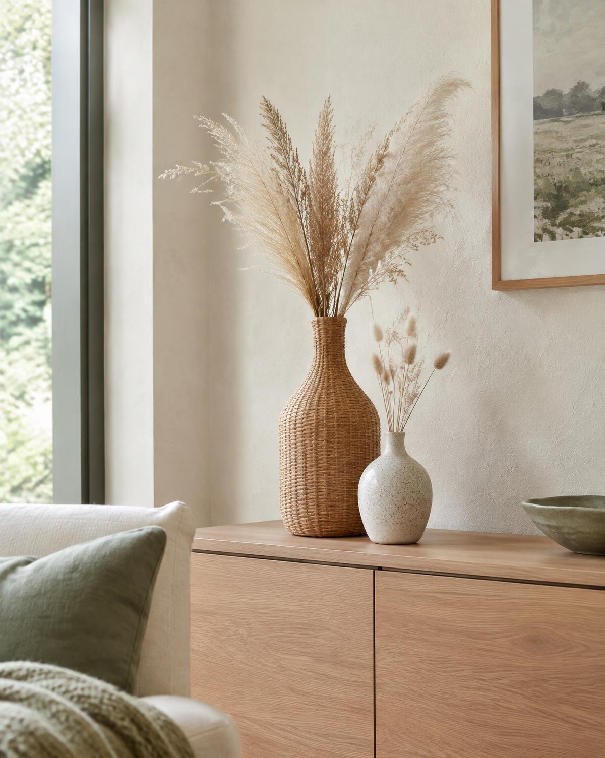 Woven rattan bottle vase and speckled stoneware bud vase with dried grasses on an oak sideboard
