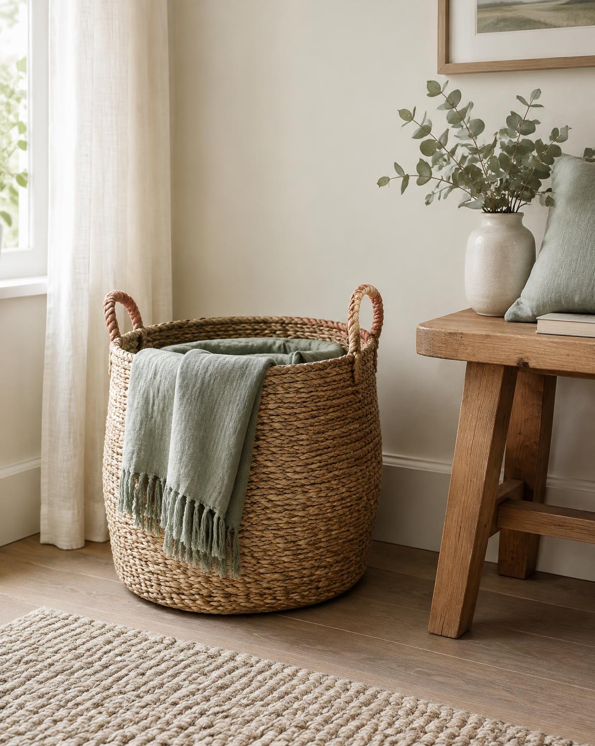 Round seagrass storage basket with handles in a calm neutral room