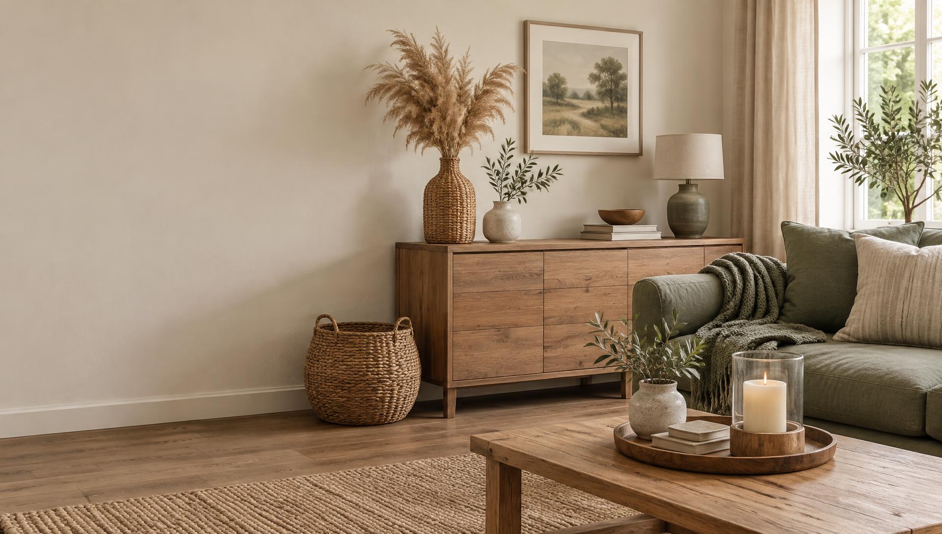 Calm living room with an oak sideboard, rattan vase with dried grasses, seagrass basket, sage linen sofa and a hurricane candle holder on a wooden tray
